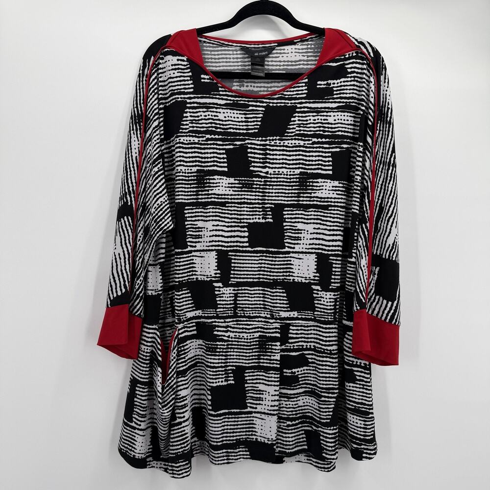Ali‎ Miles Shirt Womens XL Black White Red Abstract Print Tunic Top Pockets